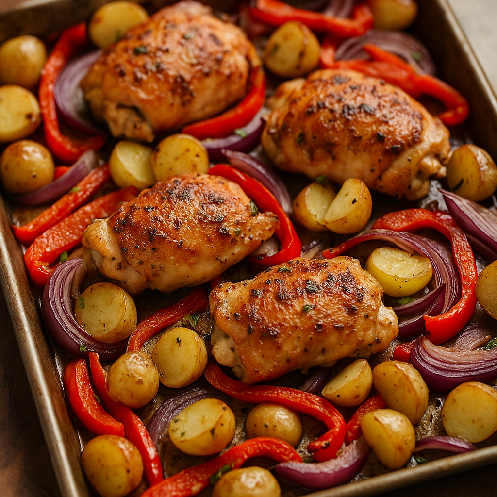 Crispy chicken thighs roasted with Ember blend, potatoes, peppers, and onions on a sheet pan.